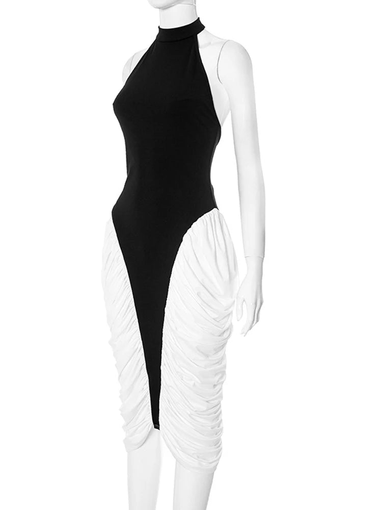Sculpted Grace Two-Tone Halter Midi Dress
