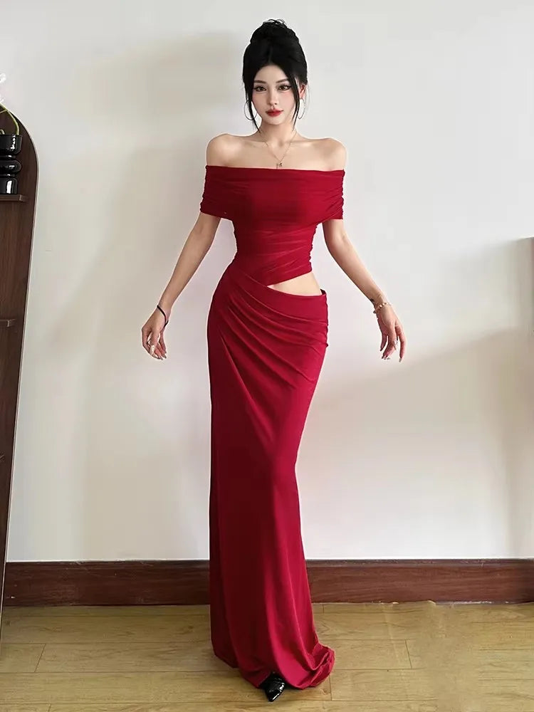 Elegant Long Bodycon Velour Muse Ruched Mesh Maxi Dress