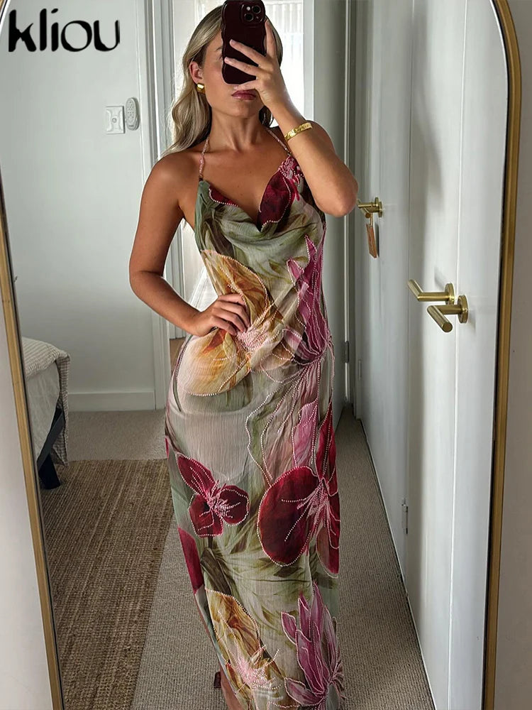 Floral Print Women Backless Halter Split Thin Dress