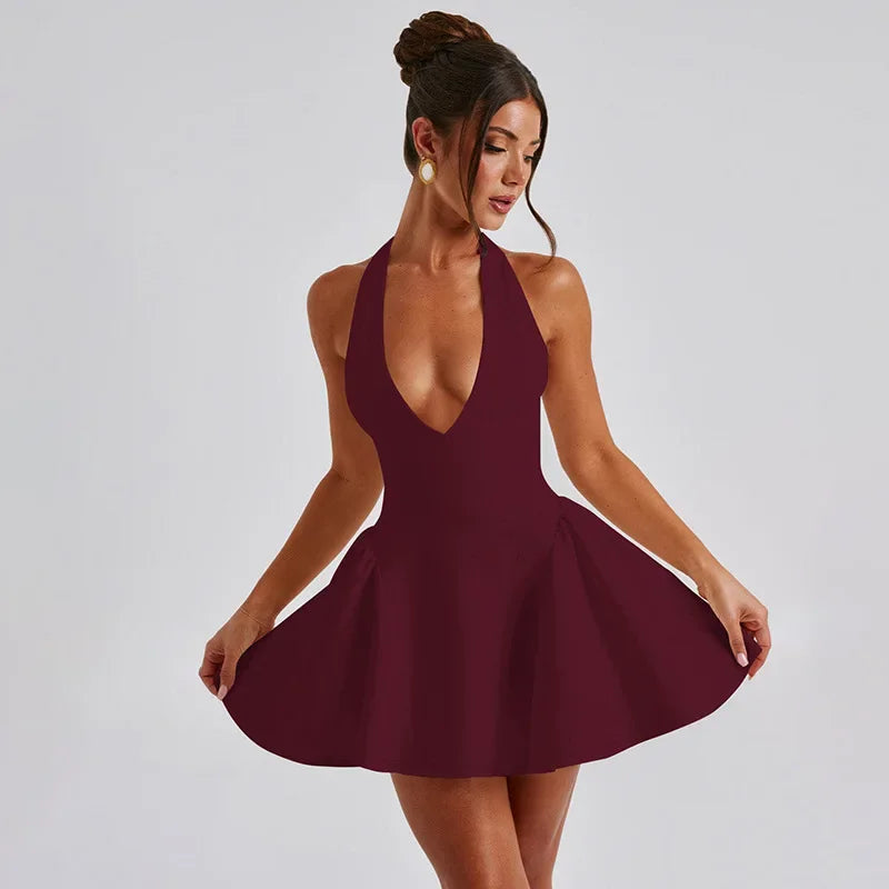 Pleated Dress Women Halter Mini Dress V Neck Backless Dress