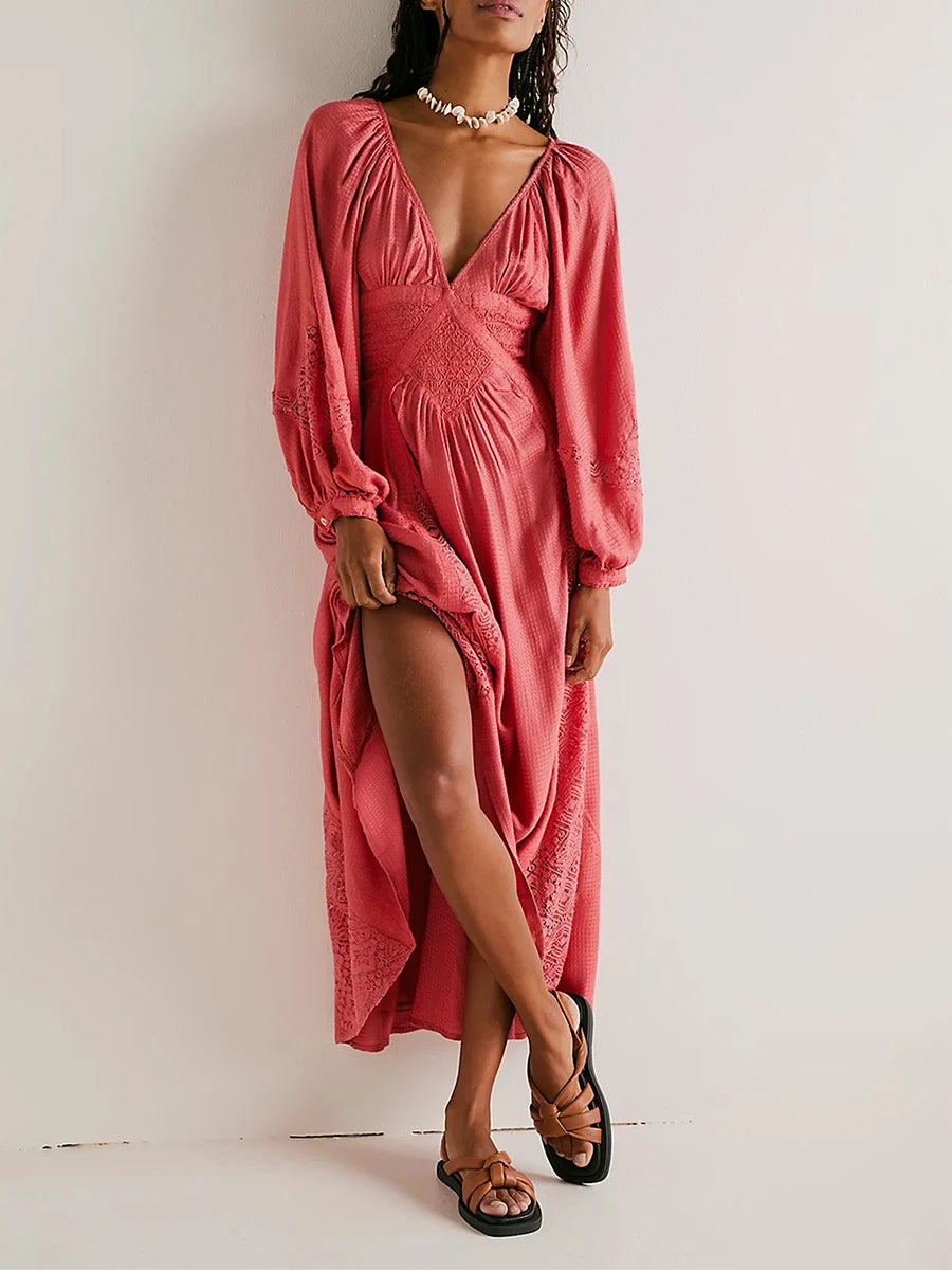 Women Long Dress Long Sleeve Dress V-Neck Lace Patchwork Loose Swing Dress