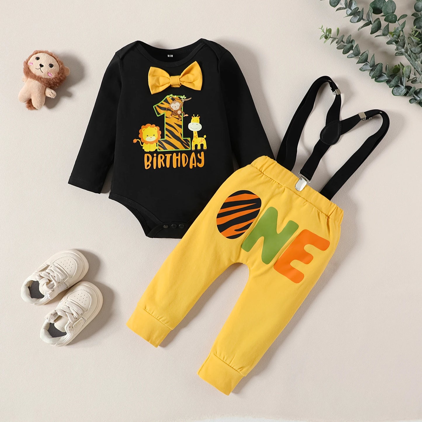 Baby Boys Birthday Outfits Sets Balloon Letter"1" Bodysuit and Y-back Suspender Shorts 1 Year Birthday Baby
