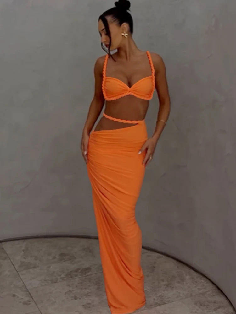 Weird Puss Square Collar 2 Piece Set Women Bra+Skinny Long Skirts Bandage Ruched 2025 Summer Vacation Beach Party Trend Suits