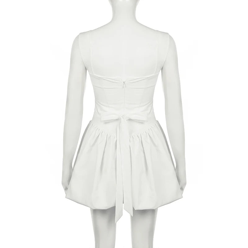 Darlingaga Fashion Chic Satin Party Dress Mini White Bud Spaghetti Strap Corset Sexy Summer Dresses Women Tie-Up Bow Sundress