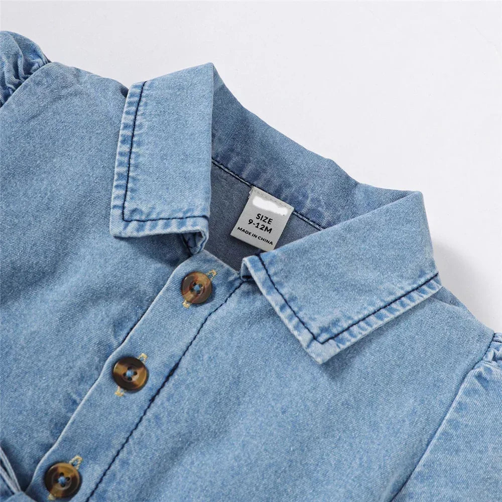 Baby Girl Bubble Sleeve Lapel Jeans Casual Dress