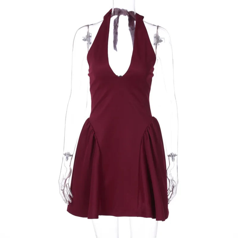Pleated Dress Women Halter Mini Dress V Neck Backless Dress