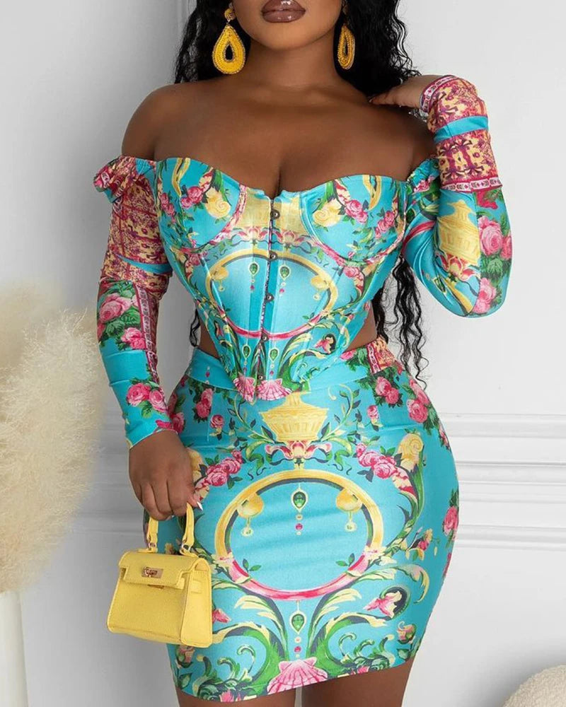 Women's Casual Cold Shoulder Long Sleeve Skirt Set Asymmetrical Mini Sexy Bodycon All over Print Outfit for Various Occasions