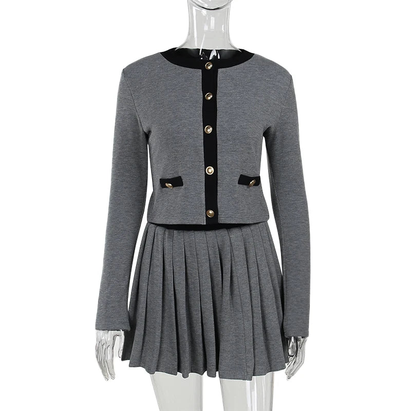 Women's Street Style Buttoned Round Neck Jacket Pleated Pleated Skirt Set