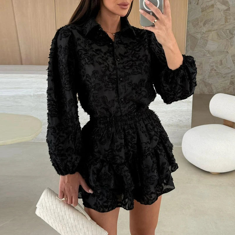 Fashion Lapel Button Shirt and Shorts Suit Casual Long Sleeved Beach Outfit 2025 Summer Lace Ruffle Loose Women's Two Piece Set