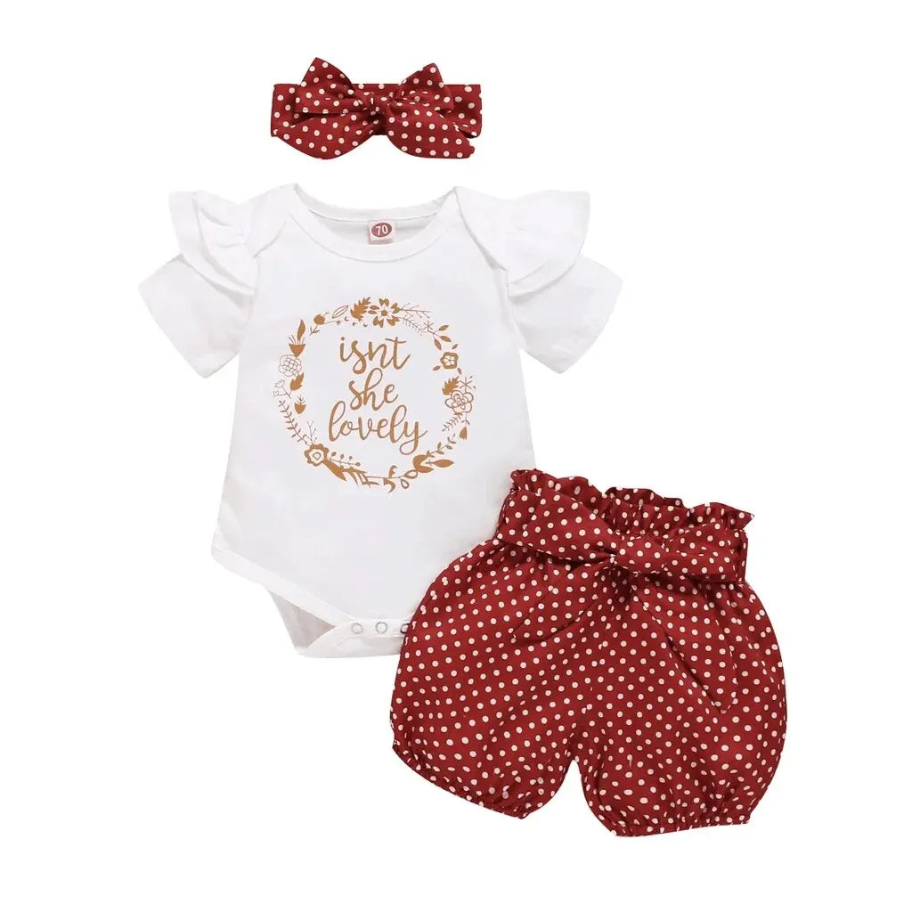 Newborn Baby Girls Clothes Romper Dot Pant with Elastic Waistband Infant Headband with Bow Knot