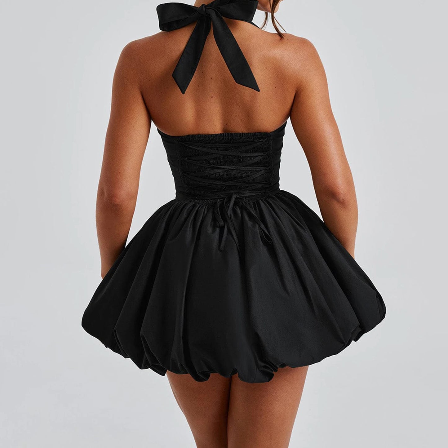 Women Mini Solid Halter Neck Bubble Kawaii Tie Up A Line Dress