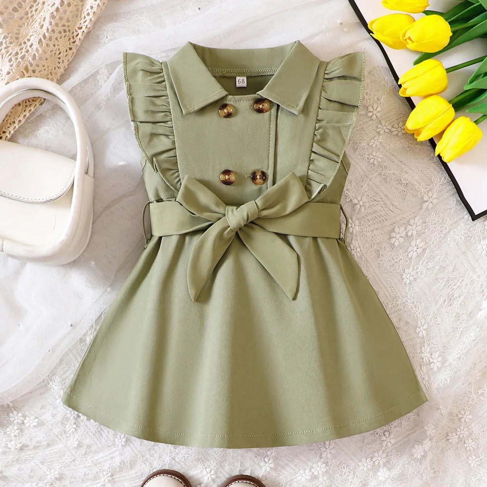 Kids Girls Retro Solid Color Trench Belted Dress