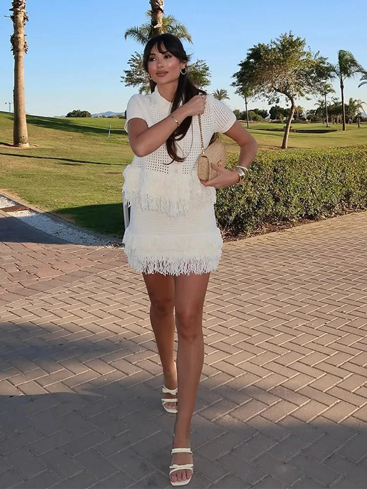 Solid Tassel Hem Skirt Sets Short Sleeved Lapel Tops Sexy Hip Hugging Skirts 2 Piece Set Women's Party Streetwear 2025 Outfits