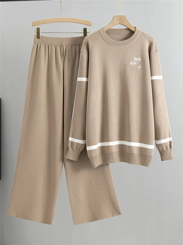 Casual Fashion Women Knitted 2 Piece Sets Korea Soft Strecth O-neck Sweater Tops Conjunto Elegant High Waist Wide Leg Pants