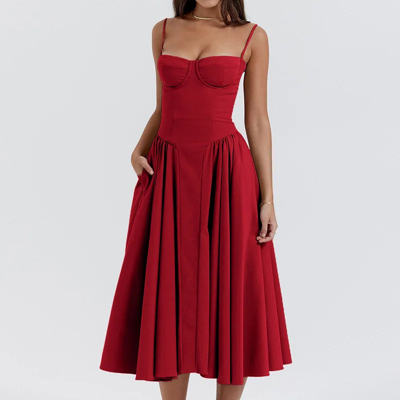 Sexy Spaghetti Strap Long Dresses Slim French Vintage Elegant Style Dress