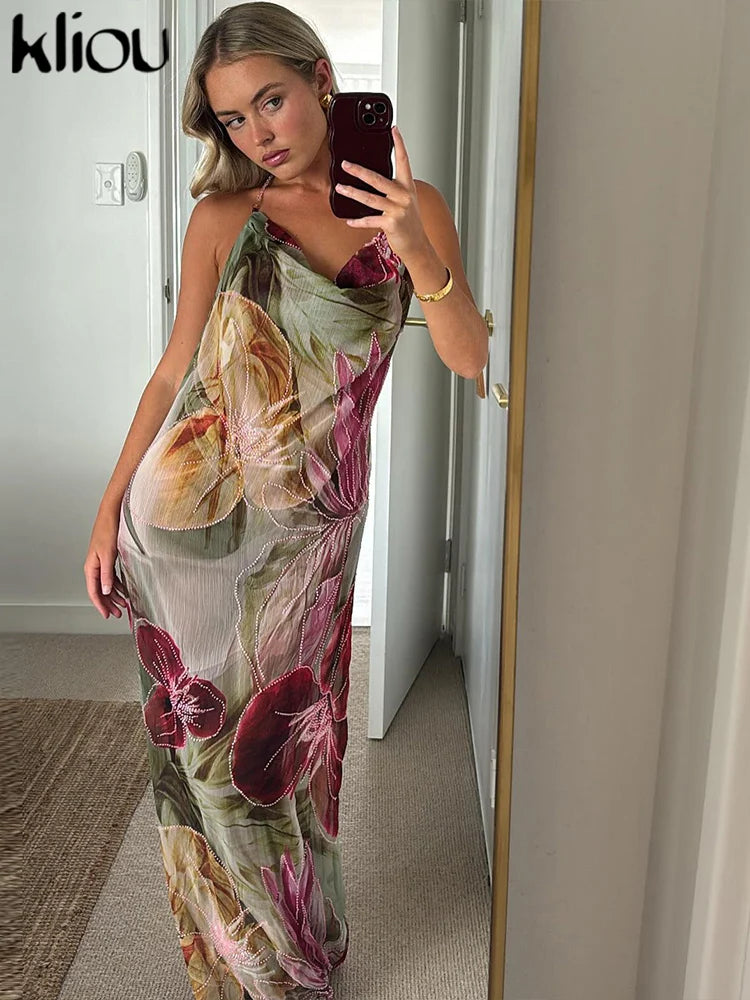 Floral Print Women Backless Halter Split Thin Dress