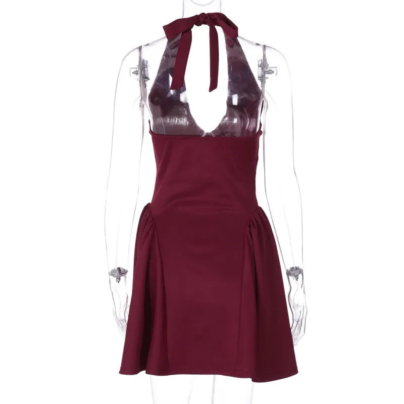Pleated Dress Women Halter Mini Dress V Neck Backless Dress