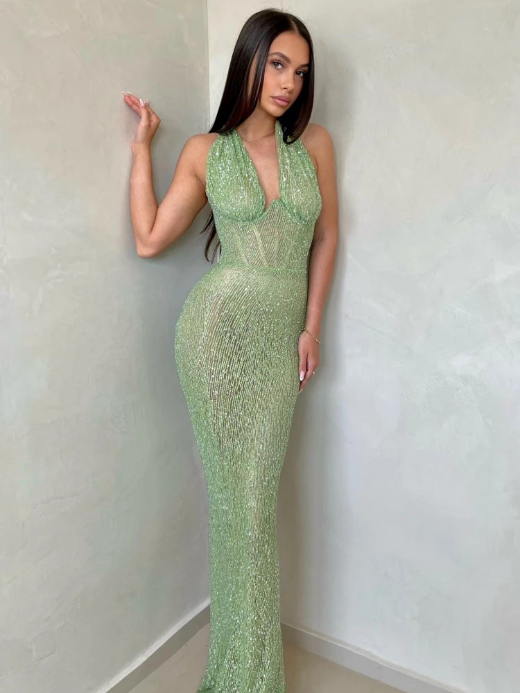 Halter Deep V Neck Sequins Green Sleeveless Backless Sequined Slim Long Maxi Dress