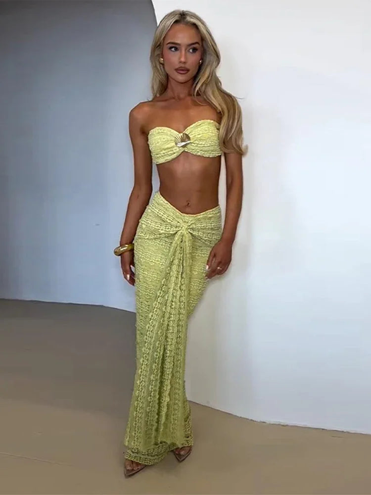 Pearl Mirage Beach Goddess Tube Crop & High Slit Ribbon Skirt Two-Piece Co-Ord