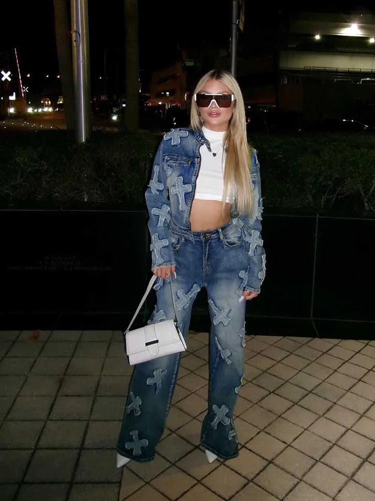 Women's Long Sleeve Jacket and Straight Trouser Casual 2 Piece Denim Sets