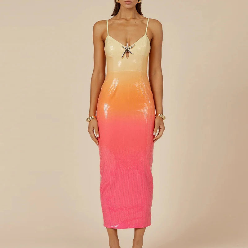 Fashion Sequin Slim Split Long Dresses Elegant Gradient Sleeveless Dress