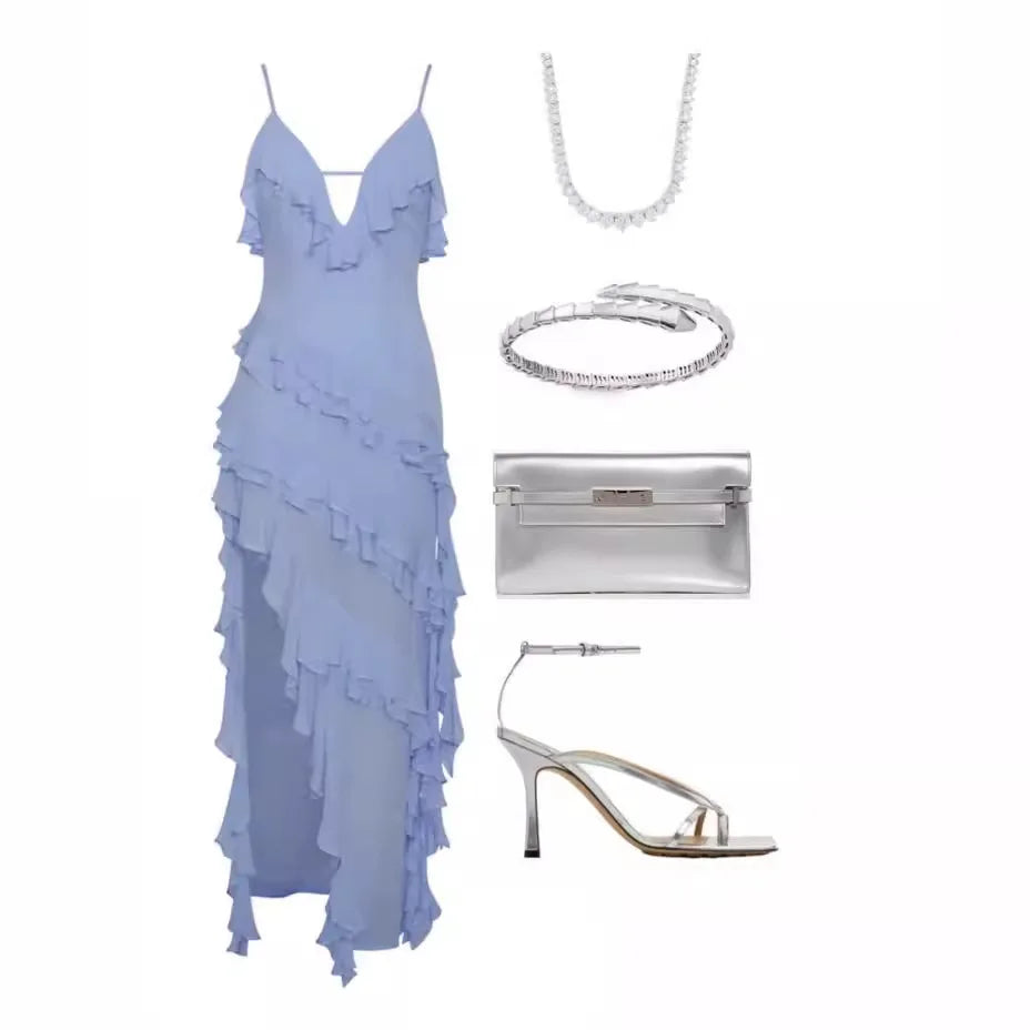 Azure Glow Irregular Tassel Bodycon Maxi