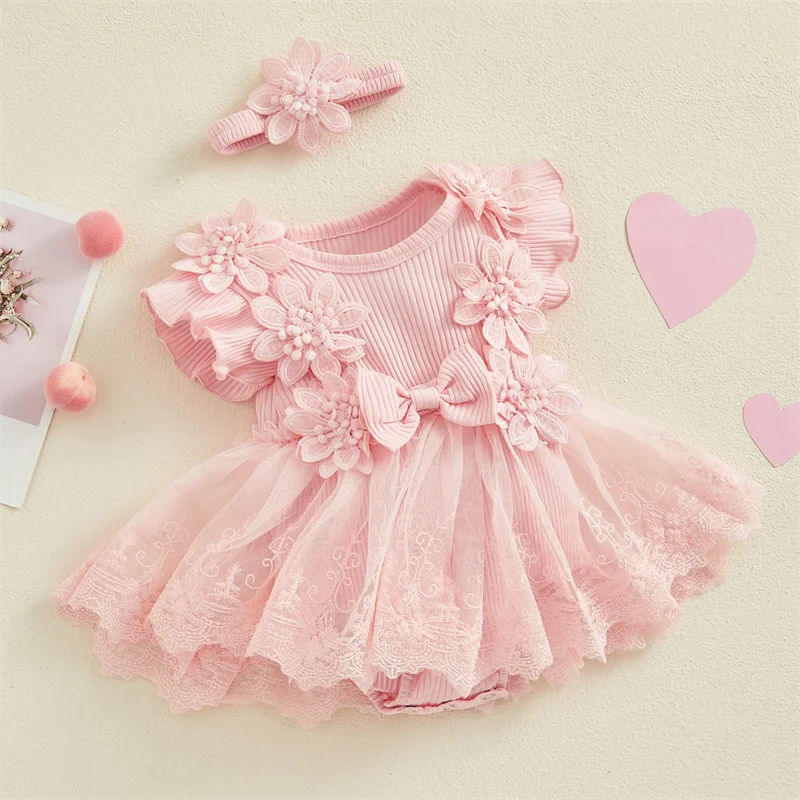 Baby Girls Princess Mesh Lace Patchwork Ruffle Bodysuit Dress Headband