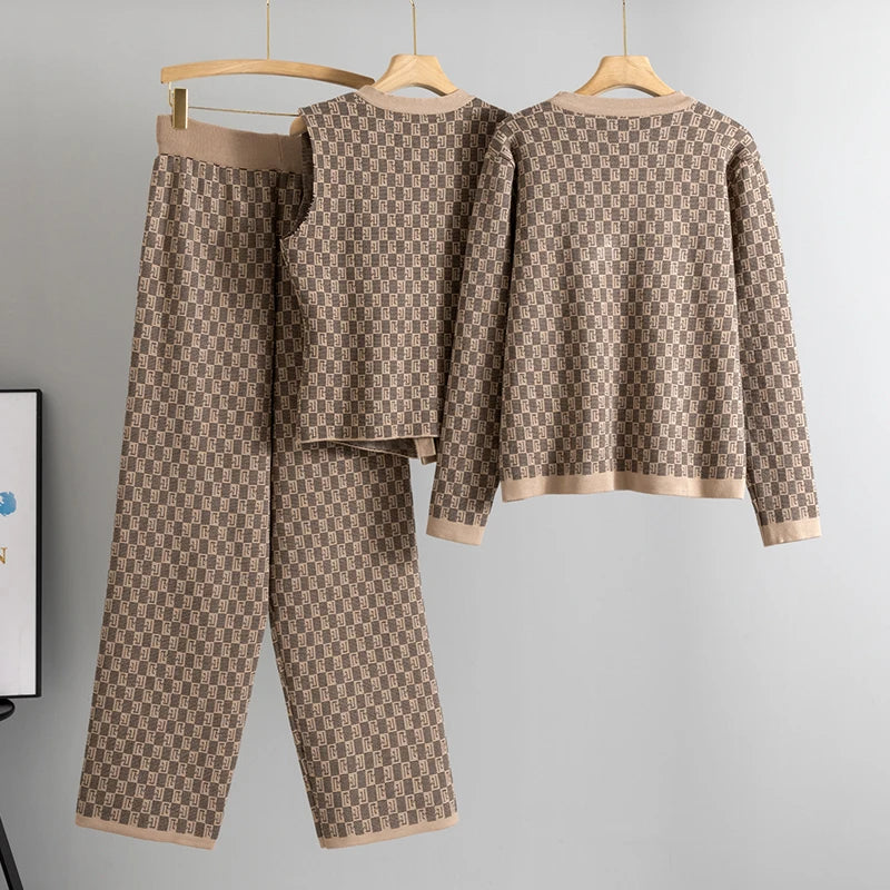 Elegant Three Piece Knitted Long Sleeve Sweater Coat, Single Breasted Vest & Matching Pants