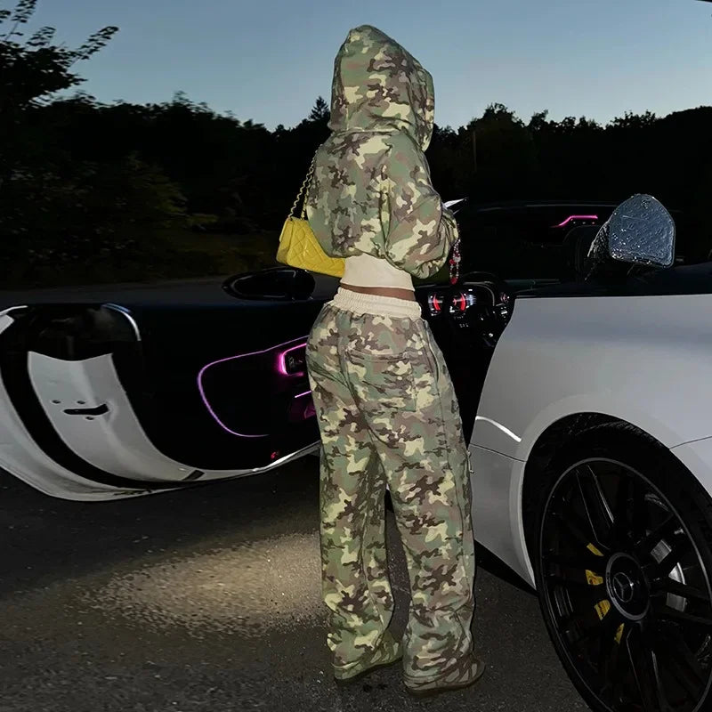 Women Camouflage Hooded Hoodie Sweatpants Casual Long Sleeve Zipper Jacket Hip Hop Sweatshirt Autumn Winter Y2K Streetwear Pants