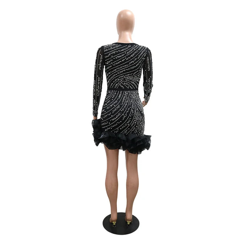 Mesh Sleeve Bodycon pretty Diamonds Birthday Party Dress Tierred Ruffles Rhinestone Pearls Dress Pink