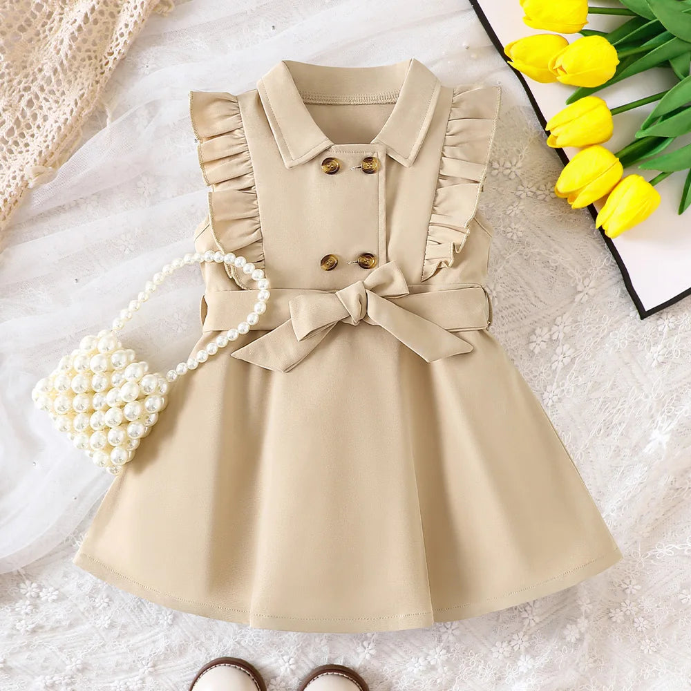 Kids Girls Retro Solid Color Trench Belted Dress