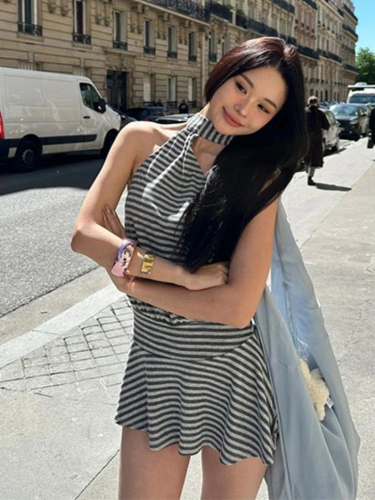 Bandage stripes Halter Ruffle Mini Dress