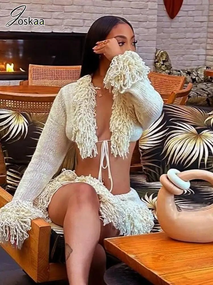 Women Hipster Sexy Long Sleeve Lace-Up Cardigan Tops and Mini Skirts