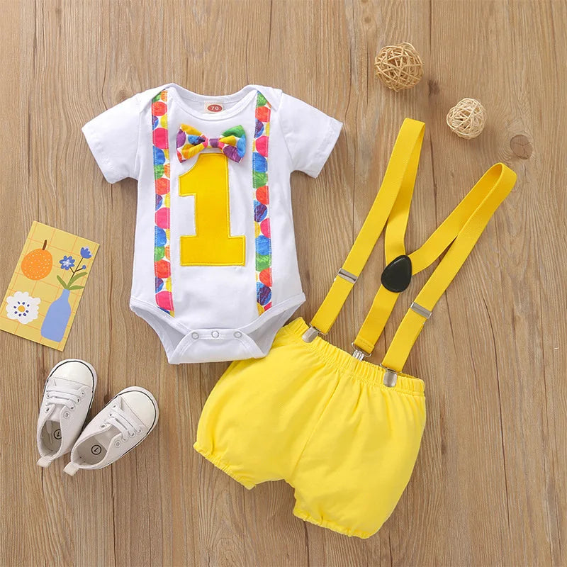 Baby Boys Birthday Outfits Sets Balloon Letter"1" Bodysuit and Y-back Suspender Shorts 1 Year Birthday Baby
