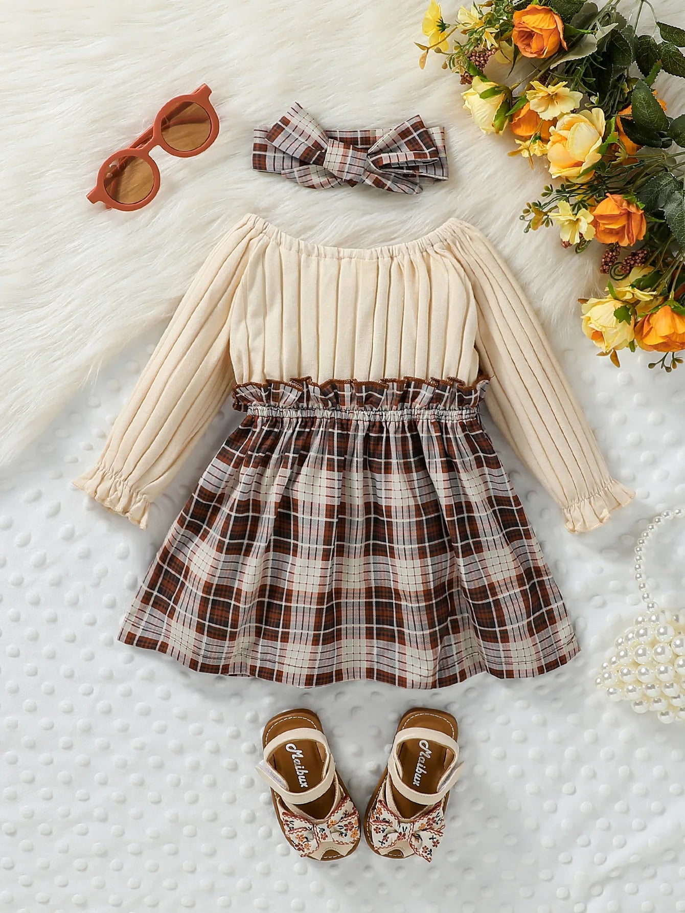 Baby Girls Autumn Long Sleeve With Bow Plaid Fahion Cute Dress