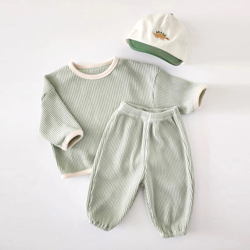 Baby Boys Girls Children Clothes Suit Waffle Cotton Pullover+Pants Clothing Set