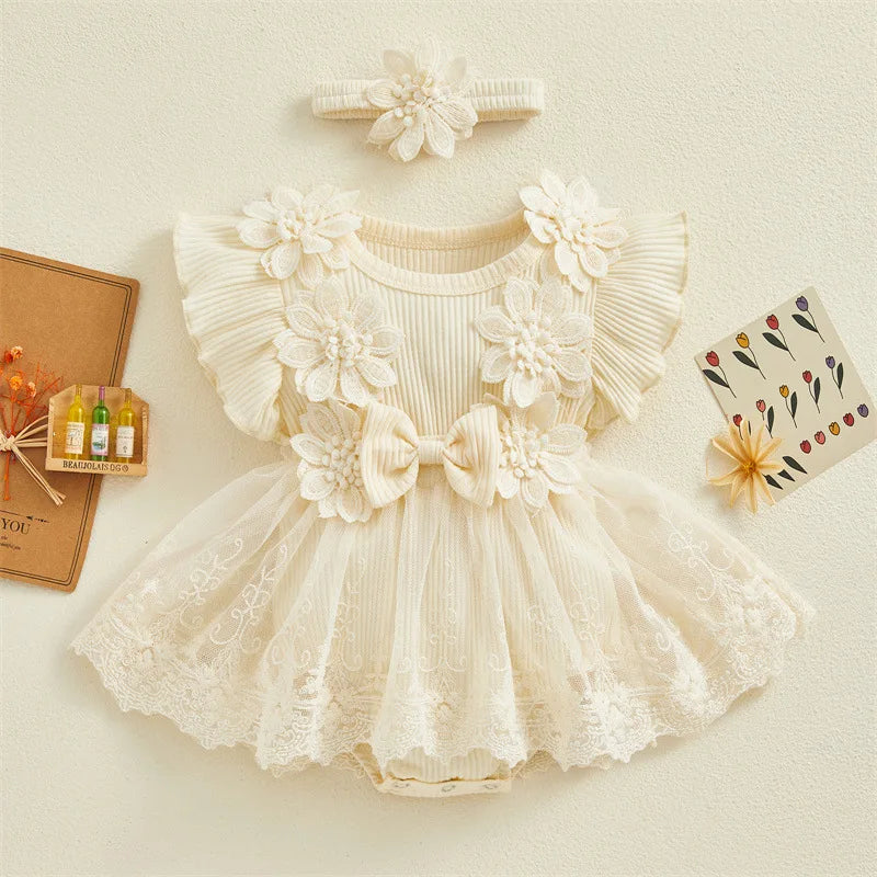 Baby Girls Princess Mesh Lace Patchwork Ruffle Bodysuit Dress Headband