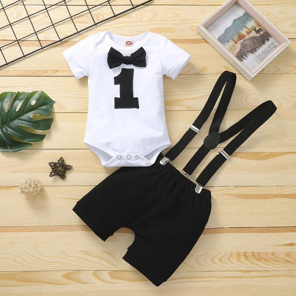 Baby Boys Birthday Outfits Sets Balloon Letter"1" Bodysuit and Y-back Suspender Shorts 1 Year Birthday Baby