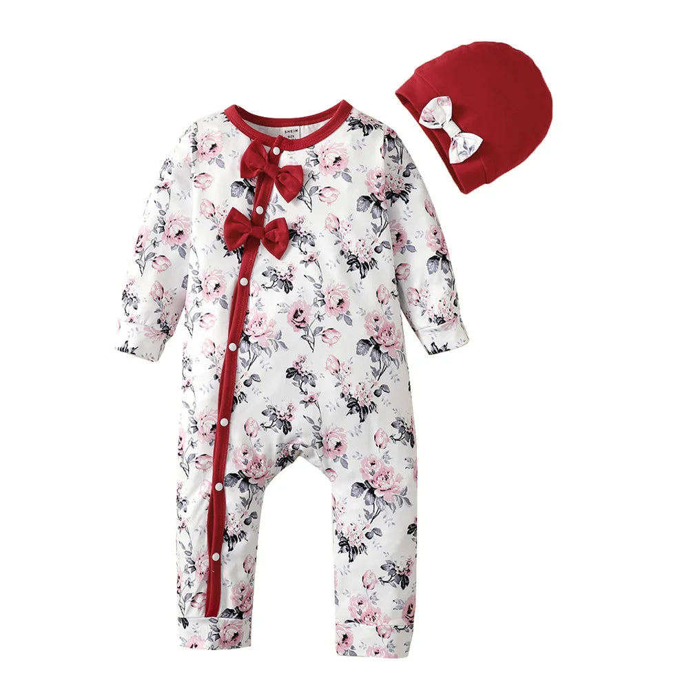 Long Sleeve Flower Bodysuit Costume Lovely Baby Spring Jumpsuit Outfit with Hat