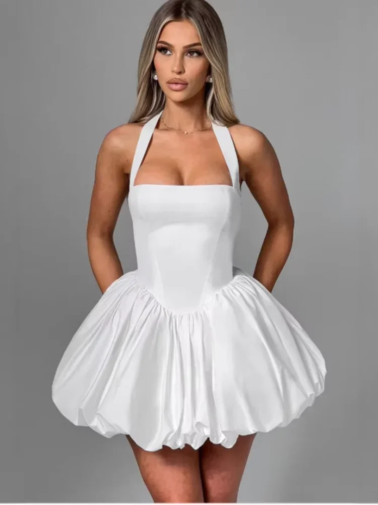Blush Elegance Lace-Up Puff Hem Mini Dress