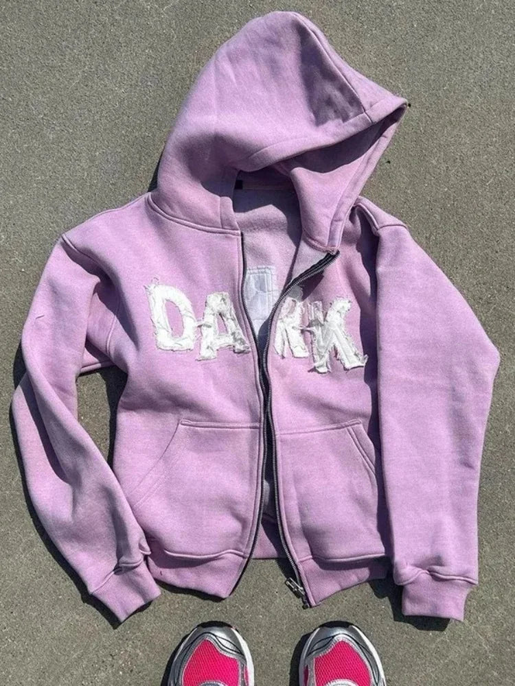 Y2K Hoodie Letter Patch Printed Zippered Hooded Sweatshirt Street Hip-hop Long Sleeved Cardigan Jacket Top Men Women's Clothing