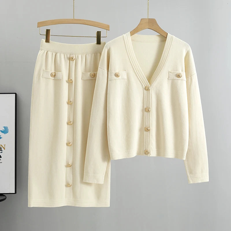 Elegant Knit Blazer Skirt Set Women Matching Set Vintage Knitted two piece