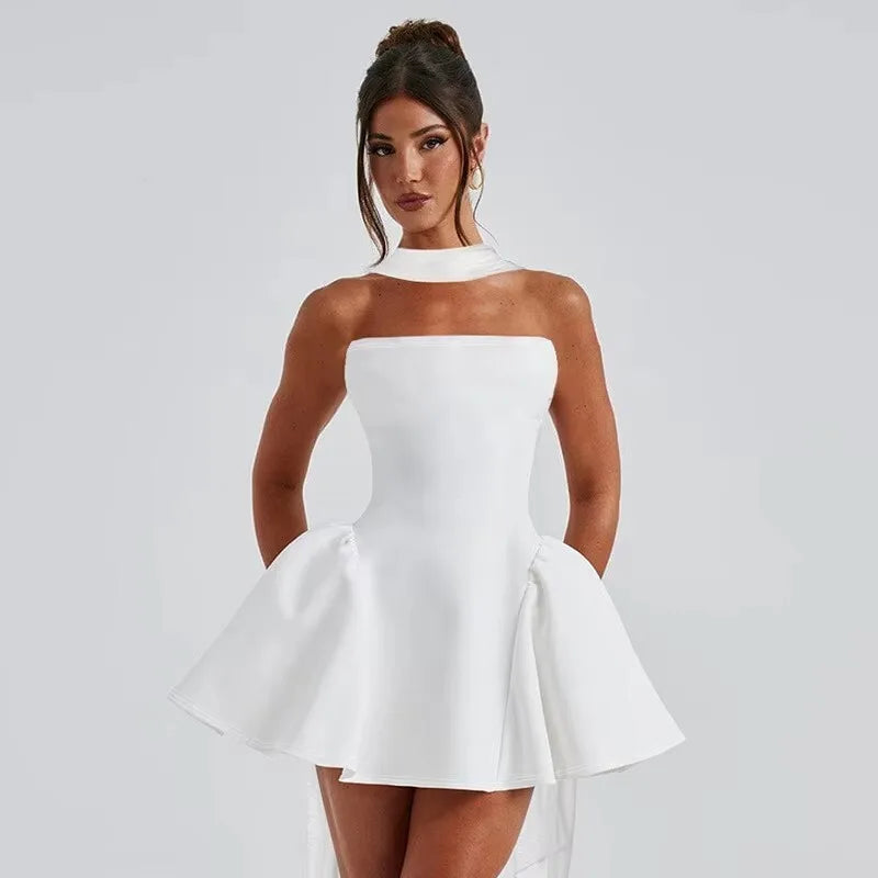 Pleated Dress Women Halter Mini Dress V Neck Backless Dress