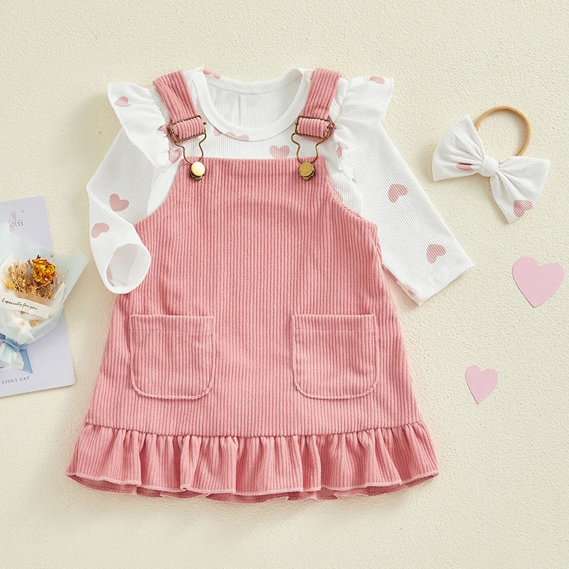 Valentine's Day Infant Baby Girls Outfits Heart Print Romper + Suspender Skirt + Headband Set Clothes