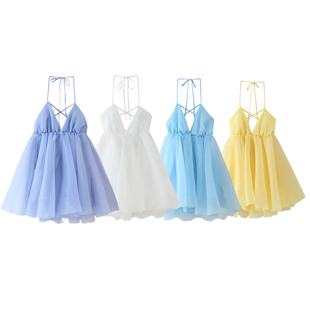 Airy Pleated Hem Sleeveless Backless Lace-Up Mini Dress