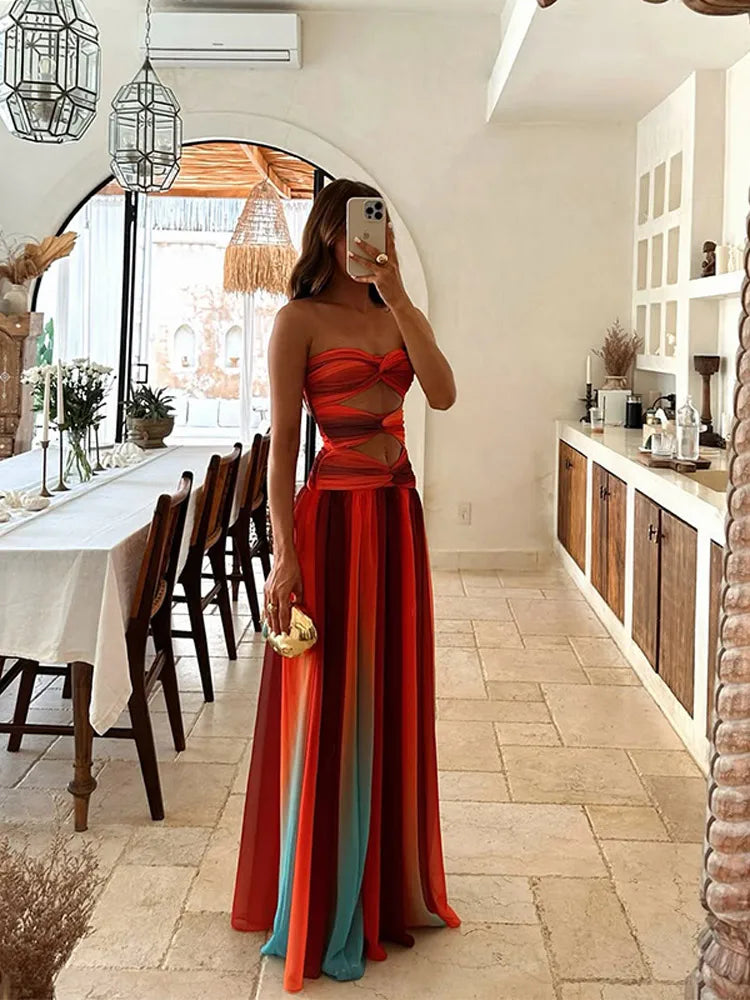 Tropical Muse Hollow-Out Pleated Maxi Dress