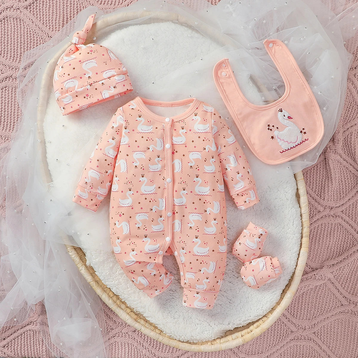 Baby Jumpsuit Cartoon Swan Print Girls Outfit Rompers Clothing+Hat+Bib+Gloves