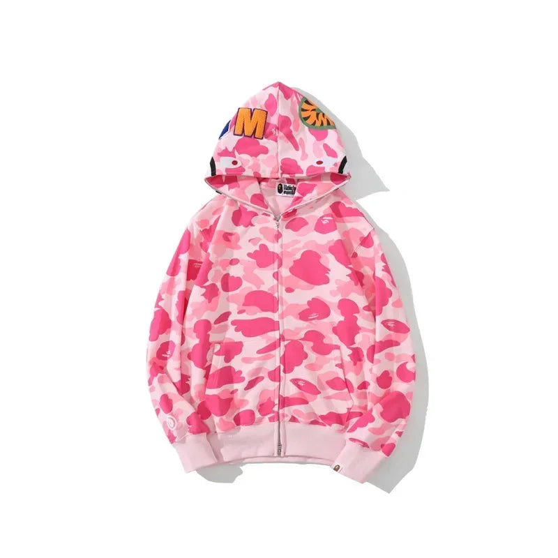 Trendy Shark Camouflage Zippered Hoodie for Men and Women Fine Embroidery Loose Hooded