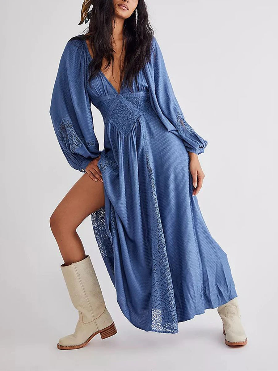 Women Long Dress Long Sleeve Dress V-Neck Lace Patchwork Loose Swing Dress