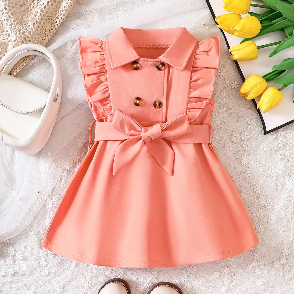 Kids Girls Retro Solid Color Trench Belted Dress